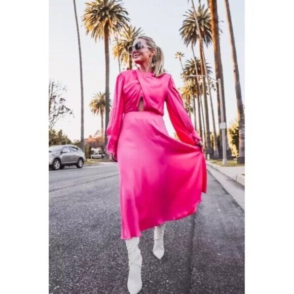 FARM Rio Dresses & Skirts - Anthropologie Farm Rio Maxi Dress L Pink Shoulder Pad Long-Sleeve Cutout Satin